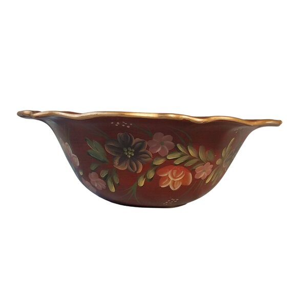 Maroon Tole Style Hand Painted Ceramic Bowl - Picture 5 of 9